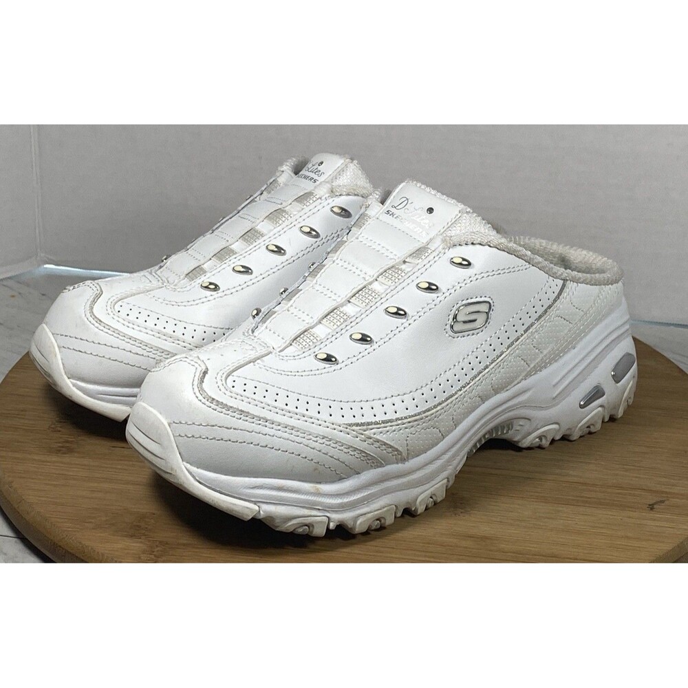 Skechers DLites WOMENS Bright Sky White Leather Slip On Mules Sneakers Size 6.5